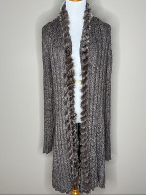 Alberto Makali womens gray brown knit rabbit fur trim duster sweater size L.